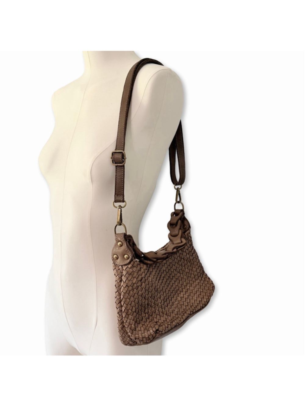 Genuine Leather Brown Woven Hobo Shoulder Bag Made In Italy